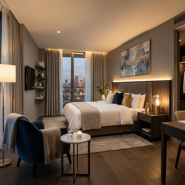 Modern luxury hotel room interior with premium furniture