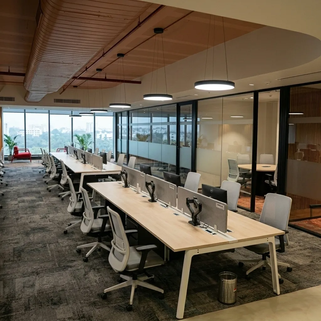 Vast, modern open-plan corporate workspace ecosystem during off-hours